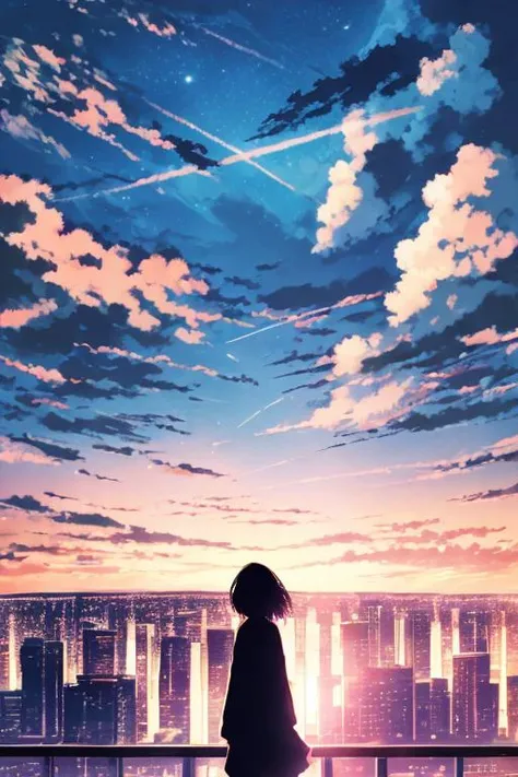 anime,silhouette,1girl, star (sky), cloud, cityscape, building, city, outdoors, skyscraper, city lights, night, night sky, sunset, skyline <lora:JW-000005:1>