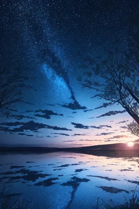 no humans, star (sky), scenery, sky, starry sky, night, tree, night sky, reflection, outdoors, blue theme, water, lake, nature <lora:JW-000005:1>