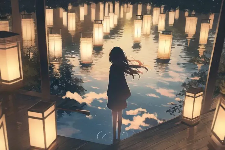 1girl, silhouette,paper lantern,, sky, night, solo, reflection, water, outdoors, scenery, star (sky), night sky, long hair, starry sky, lantern, standing, tree, lake, dark, grass, <lora:JW-000005:1>