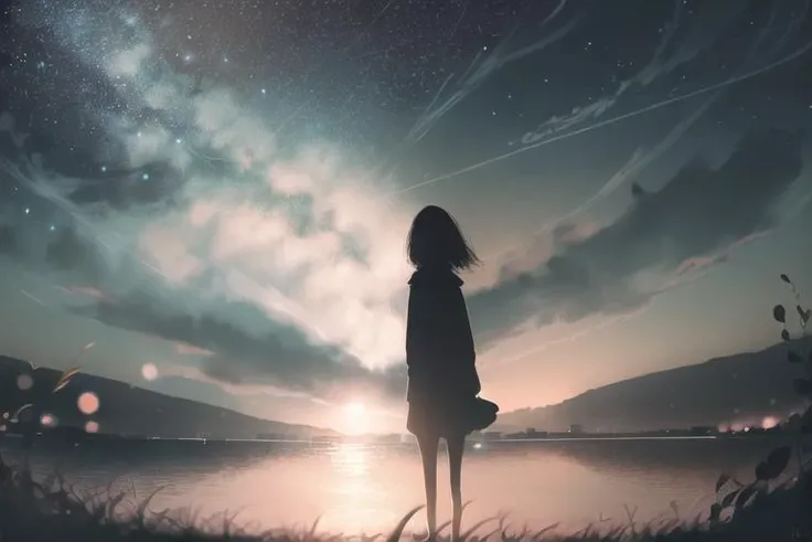 1girl,silhouette,ocean , night, scenery, outdoors, solo, horizon, ,, star (sky), grass, night sky, starry sky, standing, dark, water, <lora:JW_v2-000006:1>