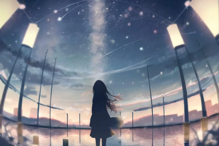 1girl, silhouette,paper lantern,, sky, night, solo, reflection, water, outdoors, scenery, star (sky), night sky, long hair, starry sky, lantern, standing, tree, lake, dark, grass, <lora:JW_v2-000006:1>