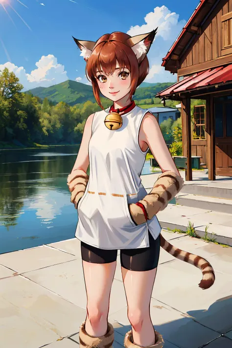 <lora:Xiao-10v4:0.8> Xiao, Xattire, ((long cat ears)) ,short brown hair, ((cat tail)), brown eyes, long nails, white sleeveless dress with pattern, black bike shorts, neck bell, fur footwear, fur fingerless gloves,
masterpiece, best quality, absurdres, standing, looking at viewer, smile, sfw, village, lake, hands in pockets,