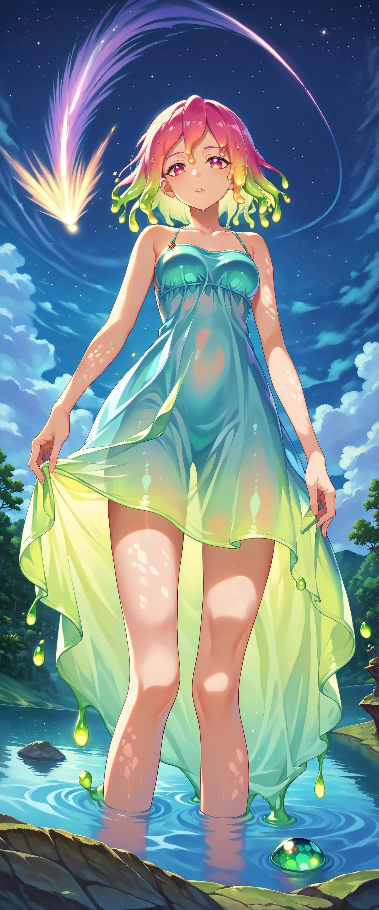 score 9, 1girl, slime girl, colored skin, monster girl, beautiful detailed eyes, gradient hair, [opal:green emerald style:0.5], water, transparent,
lake, comet, scenery, outdoors, from below, looking at viewer, 
detailed Illustration, official artwork, wallpaper, official art, night, dappled moonlight,
<lora:absurdres_quality:0.4> masterpeice, best quality, very aesthetic, absurdres,
<lora:water_dress-PD-1.0:0.4> water dress, bare shoulders,
<lora:detailed_backgrounds_v2:0.4>
<lora:IOS_Iridescent_opal_style:0.4>
 <lora:Green_emerald_style:0.4>
<lora:slime_girl_pony:0.4>