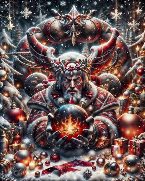 <lora:ChristmasDecorativeStyle:0.8> a ChristmasDecorativeStyle [heavy metal album cover:postcard:0.5] with Satan, octane render, computer generated image, Unreal Engine 5, volumetric lighting, 8k, best quality, masterpiece