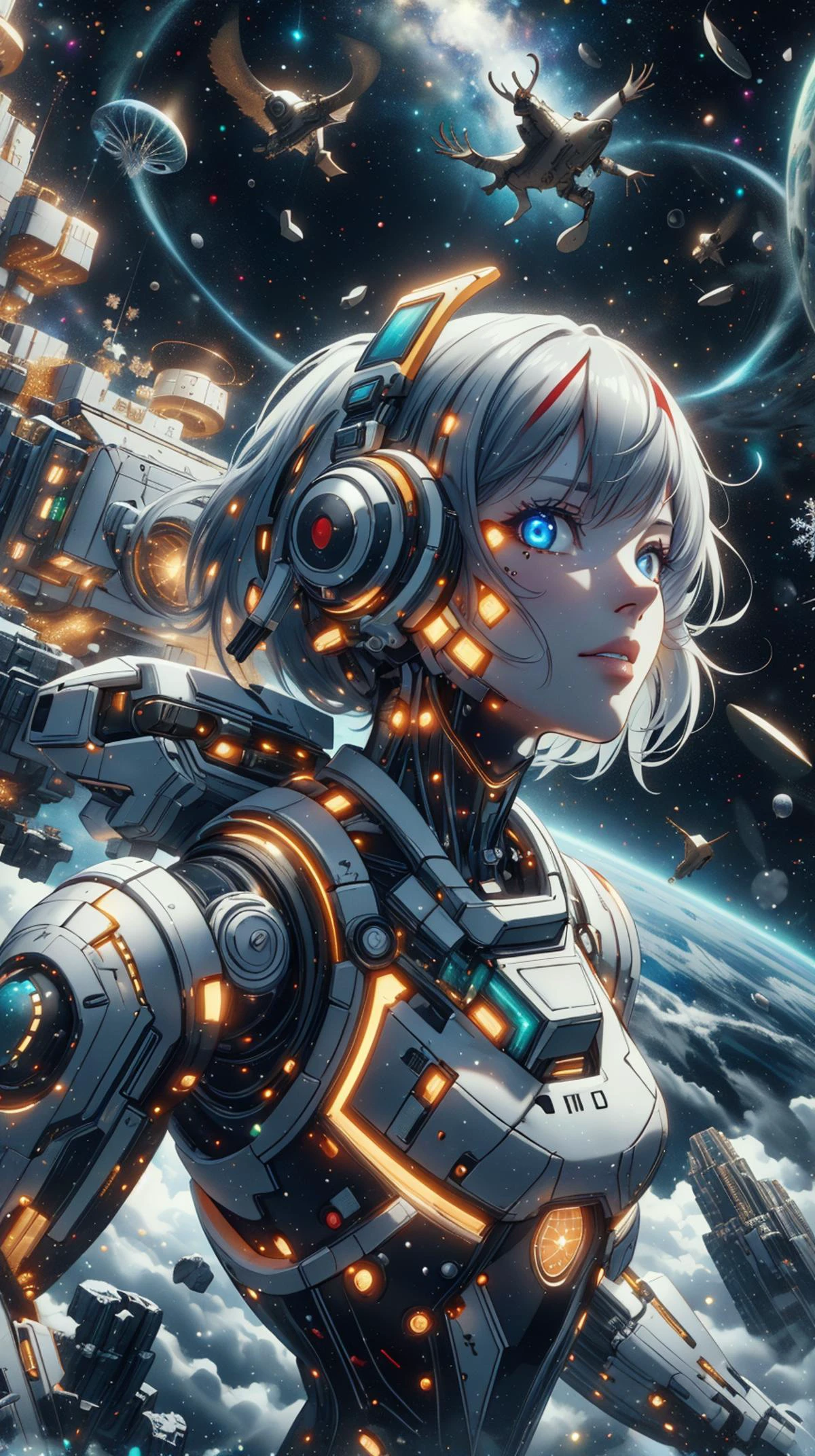 <lora:ChristmasDecorativeStyle:1>ChristmasDecorativeStyle solo, half shot, looking at viewer, detailed background, detailed face, (<lora:Cyber_Egypt:0.6>, Cyber_Egypt theme:1.1), cosmic traveler, wearing scifi colorful space armor, advanced technology, gazing into the abyss, spacewalk, hair drifting, lightspeed, floating particles, holo-projection, bio-luminescent space jellyfish in background, intense dramatic lighting, epic atmosphere,, (Masterpiece:1.3) (best quality:1.2) (high quality:1.1)