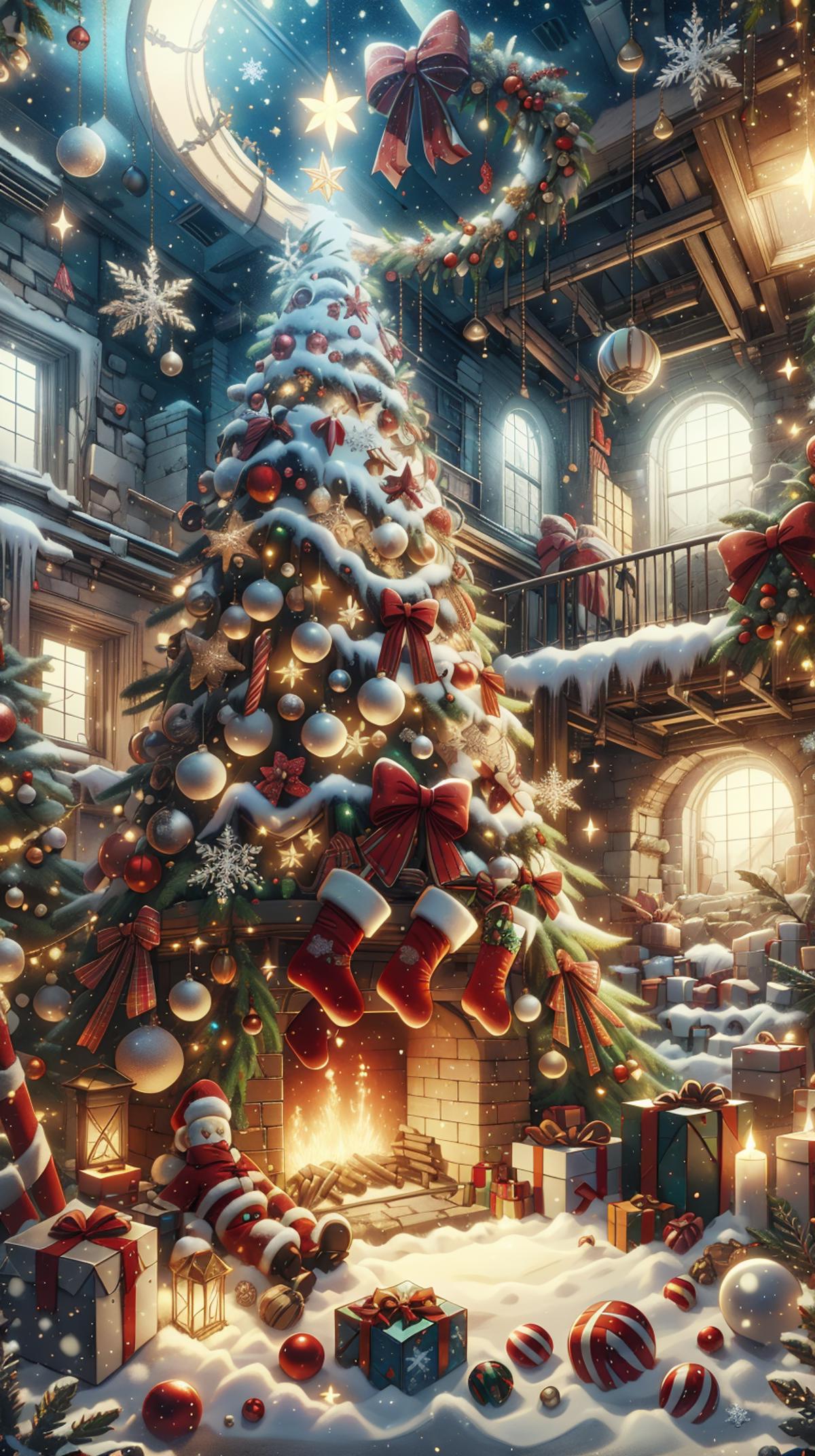 A christmas tree with presents and presents in a snowy room - SeaArt AI