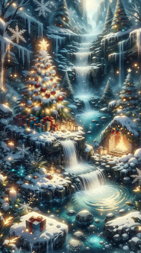 <lora:ChristmasDecorativeStyle:1>ChristmasDecorativeStyle strange symbols glowing on the rocks behind an eerie waterfall, (Masterpiece:1.3) (best quality:1.2) (high quality:1.1)