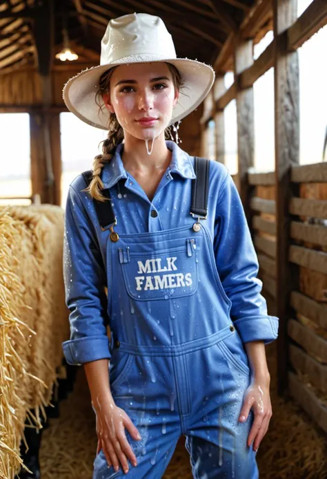 (close up portrait,:1.1), headshot, <lora:cohf1-16:0.75>, solo, realistic photo of a woman farmer, milk shower, milk splash, milk drops, simple, homely, covered up, in a barn, mlking cows, (wearing a farmers hat, wearing a farmers outfit:1.1), (coveralls, overalls, boots, gloves:1.1), covered up, no skin exposed, standing, (detailed eyes:1.1), ultra detailed skin, detailed face, light on face, realistic skin