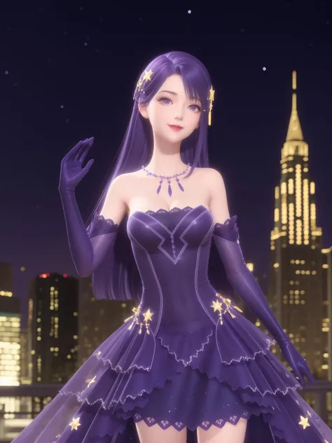SYNNxinzhihai, 1girl, purple dress, solo, long hair, purple eyes, purple gloves, purple hair,necklace,bare shoulders, looking at viewer, jewelry, elbow gloves, smile, star hair ornament, see-through,makeup, closed mouth,frills, parted bangs, <lora:SYNNxinzhihai:0.75>,cityscape, night, mature female, hand on hip, cowboy shot, close-up,