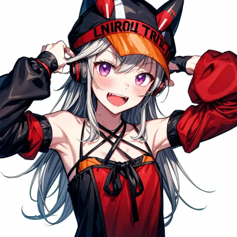 komori meto,<lyco:komori meto:0.7>,1girl, solo, purple eyes, gloves, open mouth, detached sleeves, headphones, smile, black gloves, looking at viewer, virtual youtuber, long hair, white background, animal ears, single glove, upper body, bare shoulders, fangs, bangs, long sleeves, armpits, grey hair, dress, simple background, fang, :d, black headwear, halterneck, blush, red sleeves, hat,<lora:flat2:-1>,