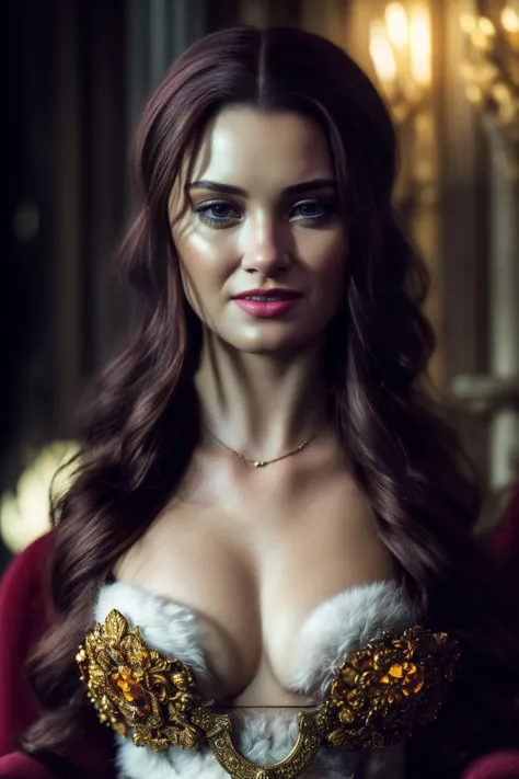 queen, photo of the upper body of a woman from RaeXL, dressed like a medieval queen, with an elegant tiara on her head, Austrian, deep neckline, natural breasts, Nipples bulge, realistic matte skin, skin texture visible (High quality)