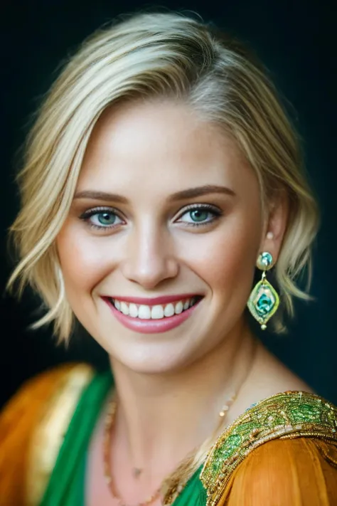 1girl, solo, looking at viewer, short hair, smile, blue eyes, blonde hair, white background, jewelry, earrings, teeth, necklace, grin, upper body, realistic, sleeveless, portrait of skswoman, happy , wearing green dress , background mountain, epic (photo, studio lighting, hard light, sony a7, 50 mm, matte skin, pores, colors, hyperdetailed, hyperrealistic), <lora:Virginia Gardner:1> <lora:epi_noiseoffset2:1>, RAW candid cinema, 16mm, color graded portra 400 film, remarkable color, ultra realistic, textured skin, remarkable detailed pupils, realistic dull skin noise, visible skin detail, skin fuzz, dry skin, shot with cinematic camera