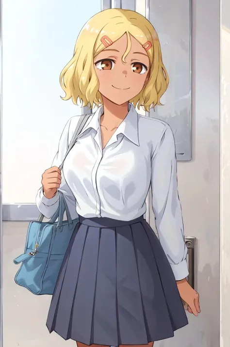 best quality, (masterpiece:1.2), detailed, perfect face, beautiful face,<lora:Sakura:0.7>,Sakura, 1girl, solo, blonde hair, skirt, hair ornament, hairclip, shirt, brown eyes, smile, white shirt, dark-skinned female, pleated skirt, short hair, dark skin, school uniform, blue skirt, long sleeves, collared shirt, holding, dress shirt, closed mouth, indoors