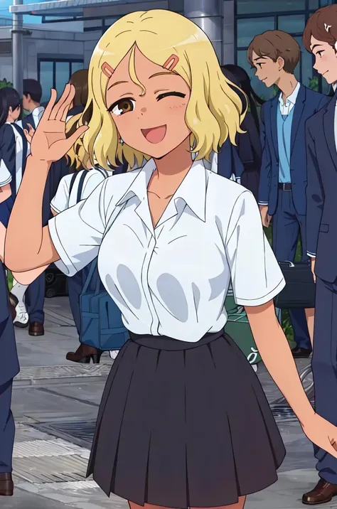 best quality, (masterpiece:1.2), detailed, perfect face, beautiful face,<lora:Sakura:0.7>,Sakura, 1girl, blonde hair, one eye closed, hair ornament, brown eyes, hairclip, smile, school uniform, open mouth, skirt,crowd of people, ;d, short hair, dark skin, shirt