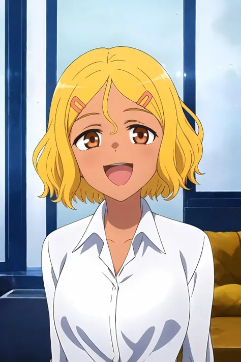 1girl, solo, masterpiece, school uniform, (glowing eyes:1), <lora:Sakura-13:0.7>, <lora:add_detail:0> <lora:LowRA:0.6>, low key, flat color, colorful, indoors, living room, night, wide windows, Sakura, blonde hair, hair ornament, hairclip, smile, open mouth, brown eyes,dark skin, glowing eyes, breasts, short hair, looking at viewer, facing viewer