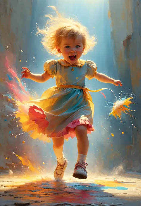 Drag a Lilliputian kicking and screaming into the future, <lora:MJ52:0.4>, Flickering light, <lora:Epic_Surreal:0.8>, <lora:gorgoeus_splash_of_vibrant_paint:0.7> Gorgeous splash of vibrant paint