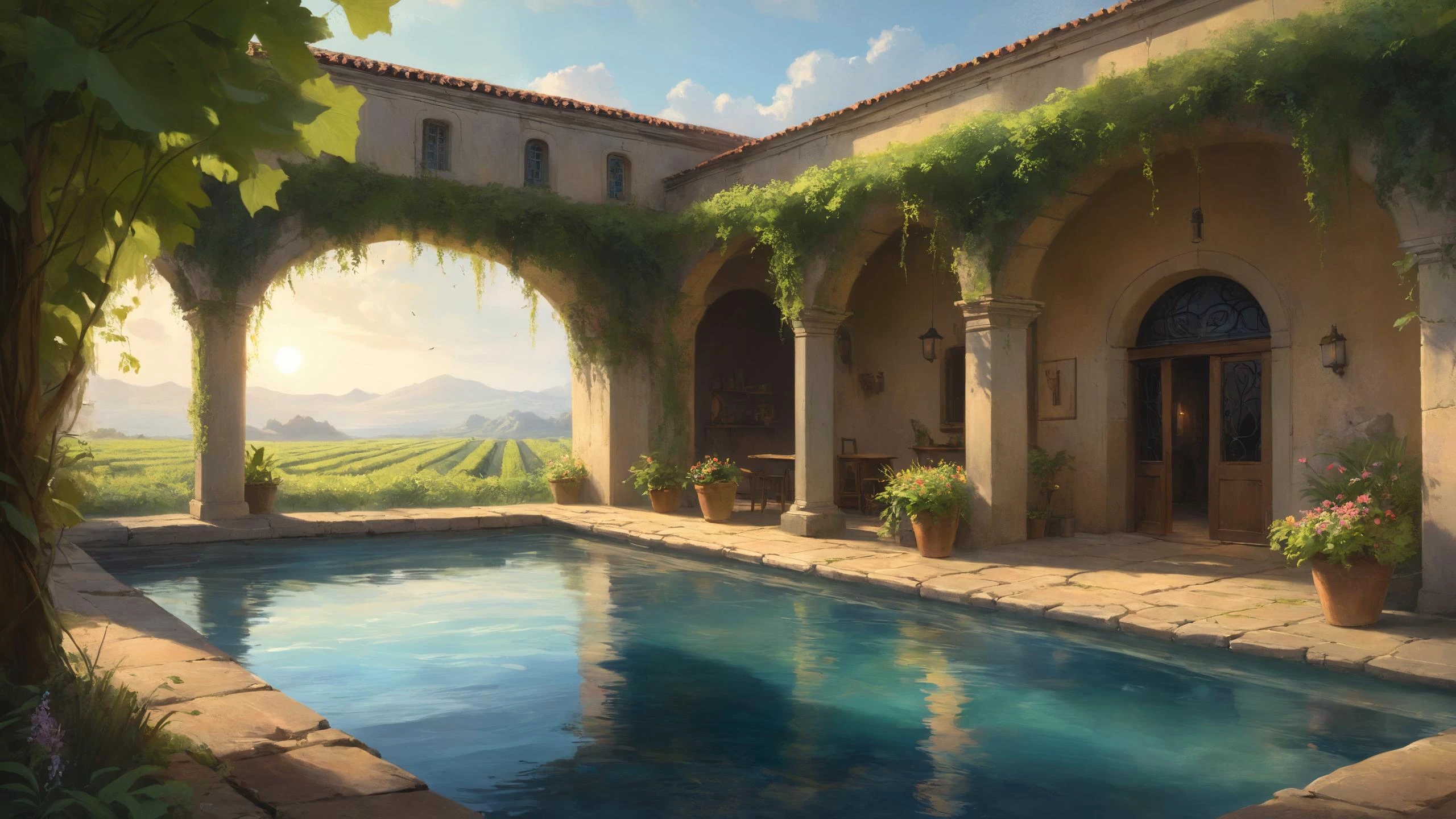 [A Spanish hacienda in a sun-soaked vineyard, where rows of grapevines stretch towards the horizon:An abyssal trench where ethereal, floating orbs of light guide the way through the darkness, casting an otherworldly glow on the mysterious underwater path:0.5],, Underwater Lighting, digital painting, concept art, caustics, volumetric, rim light, extreme detail, trending on Artstation, 8k, Stanley Artgerm Lau, WLOP, Rossdraws, James Jean, Andrei Riabovitchev, Marc Simonetti, Yoshitaka Amano  <lora:detailed_notrigger:0.8>  <lora:EldritchDigitalArt1.0:0.8> <lora:pastel_colors_xl_v3:0.7>
