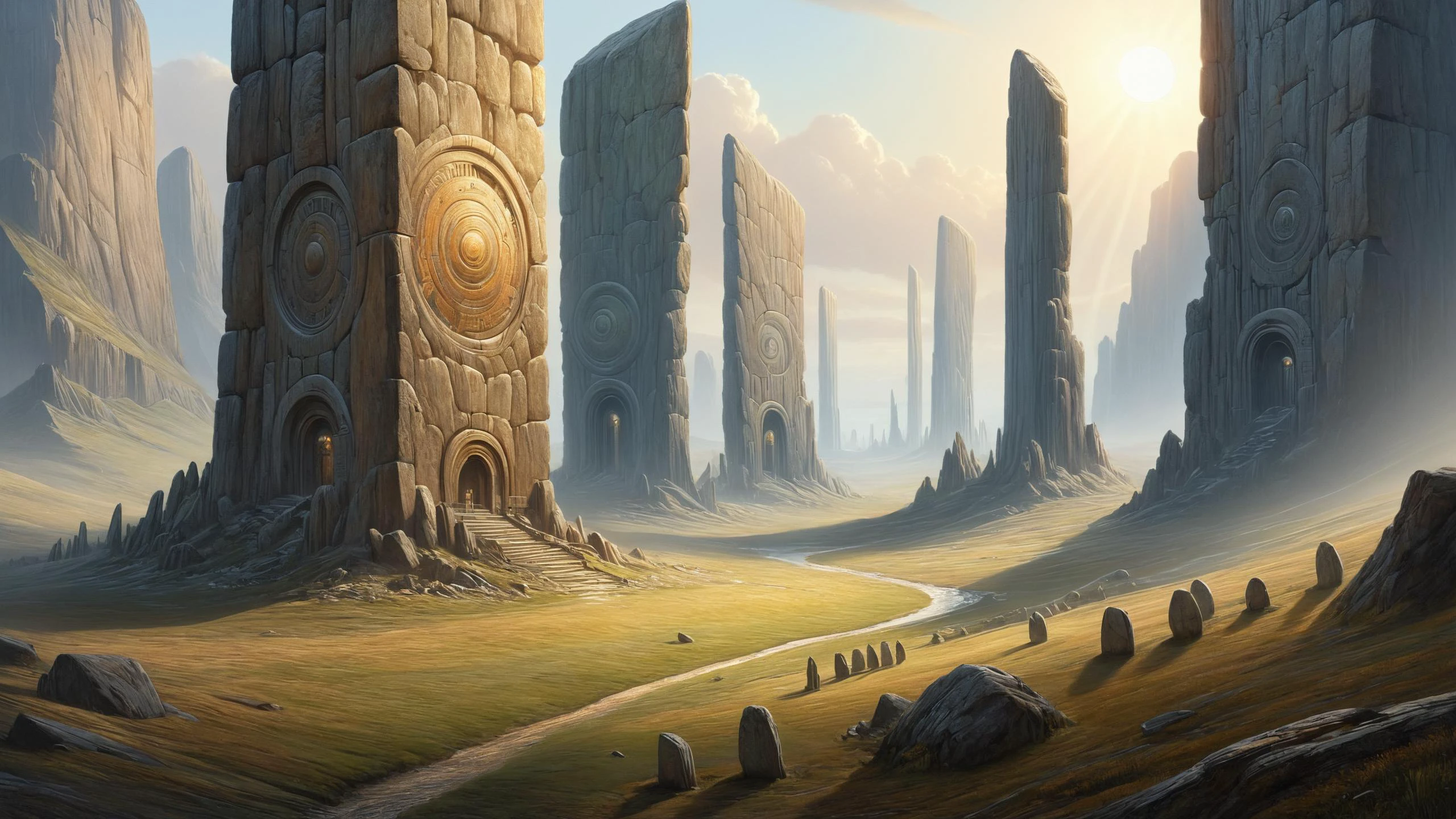 photorealistic detailed digital illustration of a circle of mad-vangoghian standing stones, Biomechanical structures towering like metallic giants in the background,, intricate, elegant, highly detailed, centered, digital painting, artstation, concept art, smooth, sharp focus, illustration, artgerm, tomasz alen kopera, peter mohrbacher, donato giancola, joseph christian leyendecker, wlop, b <lora:Colorful_VanGoghian_SDXL:0.8> <lora:add-detail-xl:0.8> <lora:Epic_Surreal:0.8>