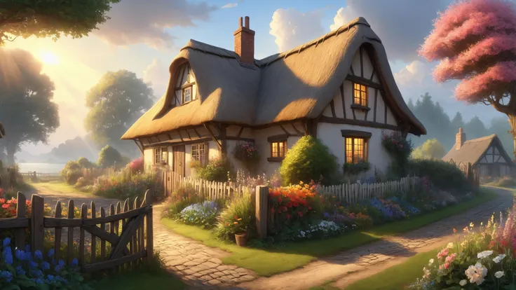 An English country cottage with a thatched roof, where a picket fence frames a garden of colorful blooms,, great lighting, Hard Lighting, inkpunk style, sharp focus, concept art, trending on artstation <lora:Epic_Surreal:0.8> <lora:great_lighting:0.4> <lora:IPXL_v8:0.7> <lora:detailed_notrigger:0.8>