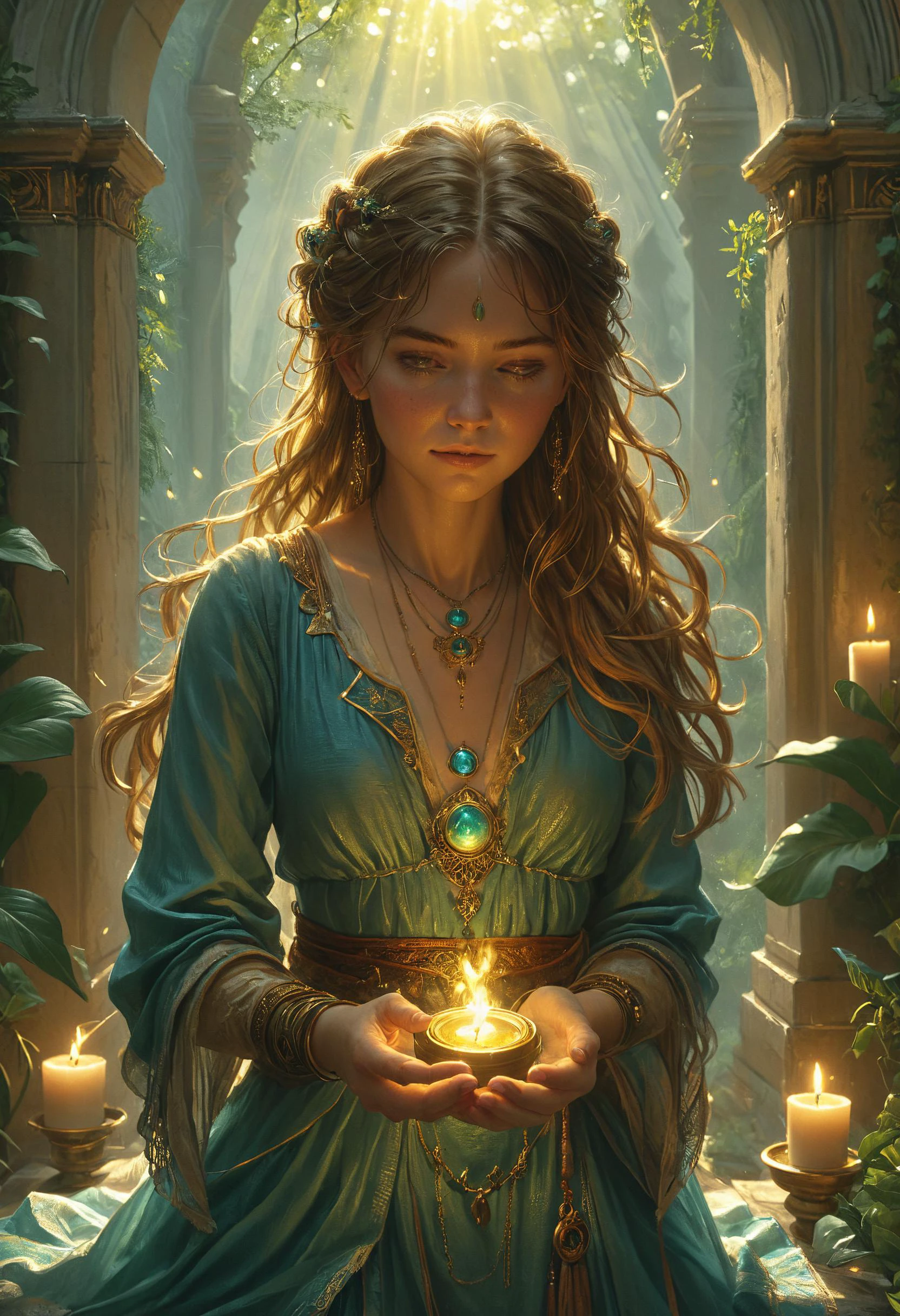 Surrounded by flickering candles, she delves into the secrets of forgotten tomes, seeking knowledge long hidden from mortal eyes,,, Sunshine rays, Dreamyvibes Artstyle, witch, voodoo, Spell rings Intricate, elegant, highly detailed, digital painting, artstation, concept art, smooth, sharp focus, illustration, art by artgerm and greg rutkowski and alphonse mucha <lora:Epic_Surreal:0.8> <lora:detailed_notrigger:0.8> <lora:Dreamyvibes artstyle SDXL - Trigger with dreamyvibes artstyle:0.7> <lora:XL_Weapon_Ring_Spells_-_By_HailoKnight:0.8>
