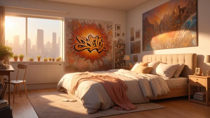 Softly lit bedroom with dreamy atmosphere,,, Golden hour, ais-graffiti, sharp focus, ultra detailed, artgerm, cushart krenz, artstation, soft light, sharp focus, illustration, character design, concept art <lora:Epic_Surreal:0.8> <lora:RMSDXL_Creative:0.4> <lora:Graffiti_SDXL:0.5> <lora:detailed_notrigger:0.8>
