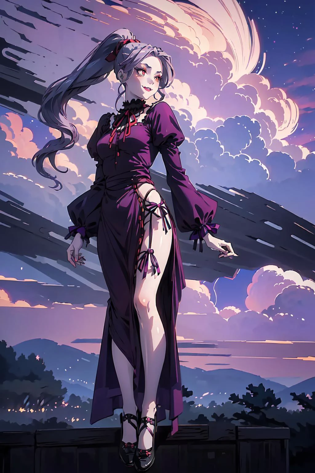 <lora:Overlord - [Girlpack] - Version 1:0.4>, (shalltear:1.1) , (solo, 1girl), (pale_skin:1.1,white_skin,vampire), (makeup, cute, :1.3), (huge breasts), (smile,smirk,blush,fang), (gothic_lolita , bonnet, red_ribbon, neck_ribbon, striped, puffy_sleeves), (starry night sky, outdoors, detailed town), (full body:1.5), soft light, 
perfect(face ,eyes , nose, hands , arms), detailed fingers, extremely detailed eyes and face, beautiful detailed nose, beautiful detailed eyes, (RAW photo, best quality), (realistic, photo-realistic:2.0), extremely detailed, CG, 8k Amazing, finely detail, (masterpiece:2.0, best quality), realistic, (real picture, intricate details, depth of field), beautiful detailed girl, wide hips, small waist, glossy pink lips, (red eyes,eyelashes), (((colorful gradient multi-colored purple grey hair), ponytail, hair_bow)), elegant ,slender figure, looking_up , <lora:NaturalLargeBreasts:0.65>,  <lora:Night scene_20230715120543:0.7>,