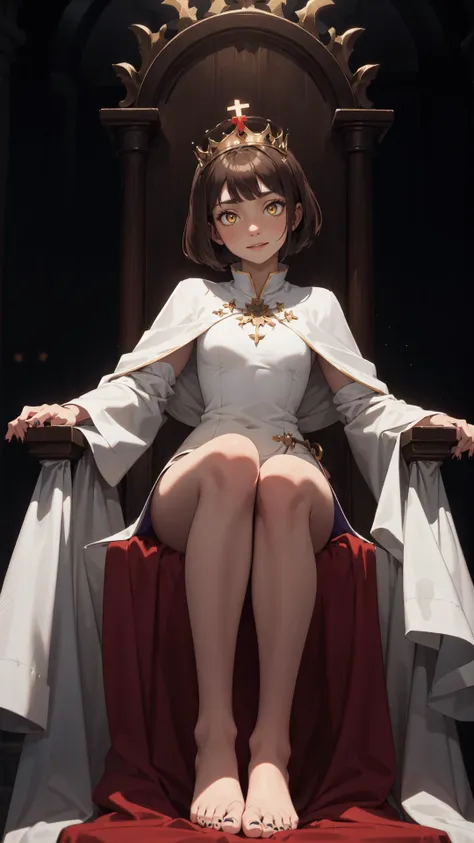 centered, 1girl, cut brown hair, symetrical headwear, very small breasts, (looking at viewer:1.2), (sitting on the throne) white throne, barefoot, black fingernails, tight dress, red short dress and detailes purple, white coat, magic aura, | fantasy castle, night time, night, big cathedral windows, symetrical background, | bokeh, depth of field, bobcut , Brown hair, real princess, crown, <lora:EMS-45052-EMS:0.800000>