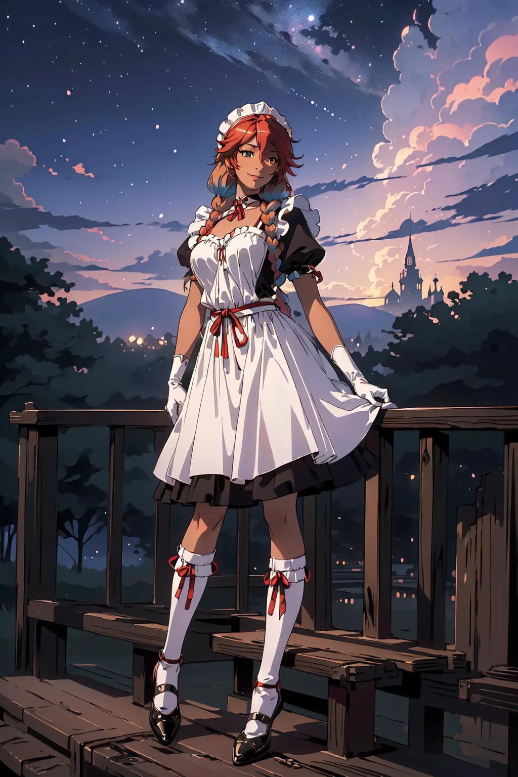 <lora:Overlord - [Girlpack] - Version 1:0.4>, (lupusregina:1.1) , (solo, 1girl), (dark-skinned_female:1.1), (beautiful, :1.5), (huge breasts), (full_armor maid, black_headwear, black_choker, animal_hat, maid_apron,strap_between_breasts,elbow_gloves,puffy_sleeves,twin_braids), (detail village in forest, starry night sky, outdoors), (full body:1.4), soft light, (smile,smirk), 
perfect(face ,eyes , nose, hands , arms), detailed fingers, extremely detailed eyes and face, beautiful detailed nose, beautiful detailed eyes, (RAW photo, best quality), (realistic, photo-realistic:2.0), extremely detailed, CG, 8k Amazing, finely detail, (masterpiece:2.0, best quality), realistic, (real picture, intricate details, depth of field), beautiful detailed girl, wide hips, small waist, glossy pink lips, yellow eyes, (((colorful gradient multi-colored red hair), hair_between_eyes )), elegant ,slender figure, fighting stance , <lora:NaturalLargeBreasts:0.65>,  <lora:Night scene_20230715120543:0.7>,