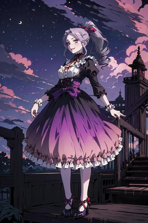 <lora:Overlord - [Girlpack] - Version 1:0.4>, (shalltear:1.1) , (solo, 1girl), (pale_skin:1.1,white_skin,vampire), (makeup, cute, 15 years old:1.3), (huge breasts), (smile,smirk,blush,fang), (gothic_lolita , bonnet, red_ribbon, neck_ribbon, striped, puffy_sleeves), (starry night sky, outdoors, detailed town), (full body:1.5), soft light, 
perfect(face ,eyes , nose, hands , arms), detailed fingers, extremely detailed eyes and face, beautiful detailed nose, beautiful detailed eyes, (RAW photo, best quality), (realistic, photo-realistic:2.0), extremely detailed, CG, 8k Amazing, finely detail, (masterpiece:2.0, best quality), realistic, (real picture, intricate details, depth of field), beautiful detailed girl, wide hips, small waist, glossy pink lips, (red eyes,eyelashes), (((colorful gradient multi-colored purple grey hair), ponytail, hair_bow)), elegant ,slender figure, looking_up , <lora:NaturalLargeBreasts:0.65>,  <lora:Night scene_20230715120543:0.7>,