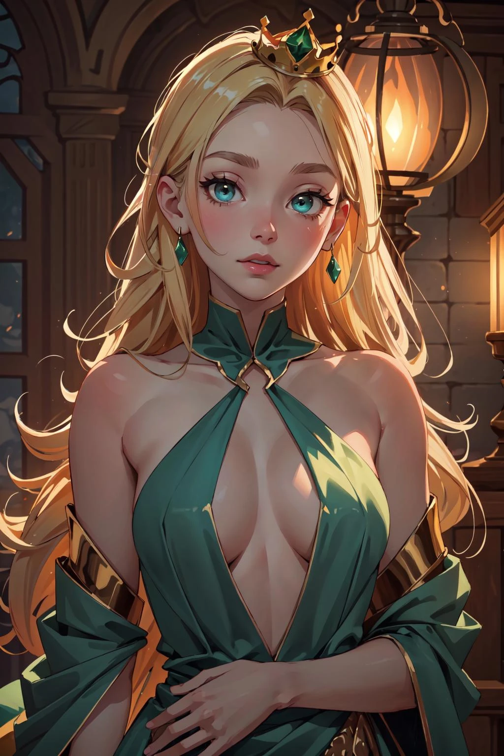 atmospheric scene, masterpiece, best quality (detailed face, detailed skin texture, ultra detailed body), (cinematic light: 1.1), r0seb7rne-smf, extremely detailed CG, unity 8k wallpaper, ultra detailed, highly detailed | High resolution, best quality, extremely detailed, horror style, area lighting, hourglass figure, HD, 8k, female princess, long green and gold dress, emerald eyes, overlooking dress, horror style, crown, longe blonde hair, full_body, red costume (Upper body:1.2), Blonde hair, <lora:EMS-46064-EMS:0.800000>