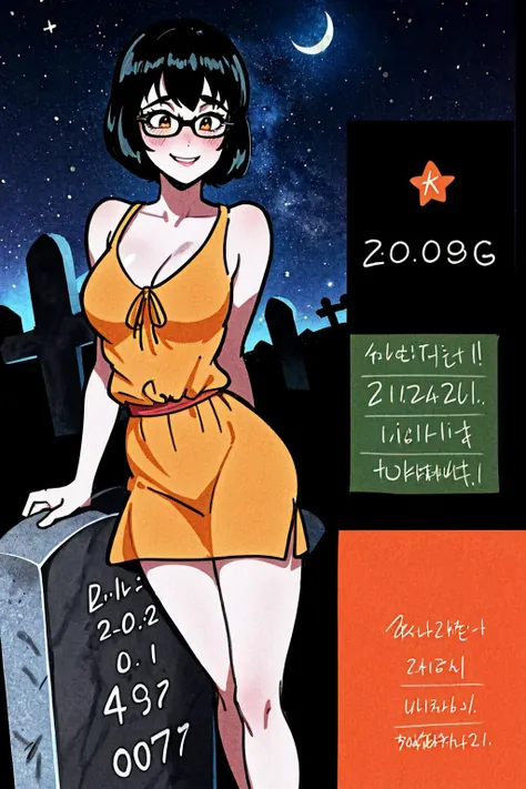 (((text, numbers, graphics))), masterpiece, ultra-detailed, best quality, illustration, 8k cg wallpaper, an extremely delicate and beautiful, 1girl, Velma /(Scooby Doo/), solo, perfect anatomy, smiling, blushing, orange clothes, perfect arms, perfect legs, cute, pretty, beautiful, sexy, perfect body, (background: graveyard, tombstones, night sky, moon, stars, intricately detailed items in background), <lora:ATC:1>
