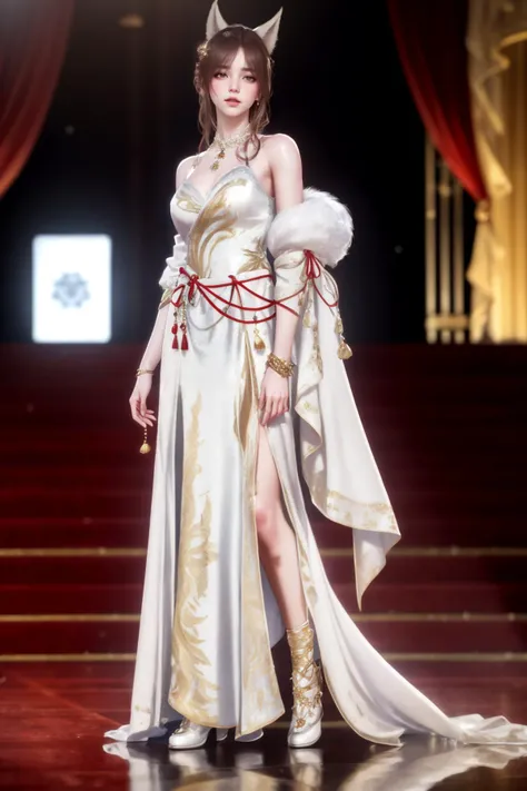 8k,highres,absurdres,masterpiece,best quality,original,extremely detailed CG,extremely detailed wallpaper,perfect lighting,<lyco:GoodHands-beta2:1>,
1girl,solo,blurry_background,looking_at_viewer,standing on the stage,
<lora:bailingFOX:0.7>,bailingFOX,fox ear,white dress,bare shoulders,jewelry,