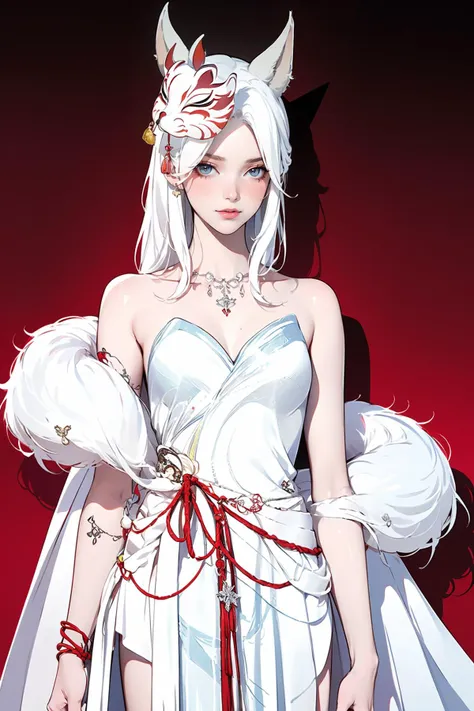 (masterpiece, best quality,masterpiece,illustration,),
red background,very long hair,white hair,solo,cowboy shot.,
<lora:bailingFOX:1>,bailingFOX,mask on head,fox ear,strapless dress,bare shoulders,jewelry,