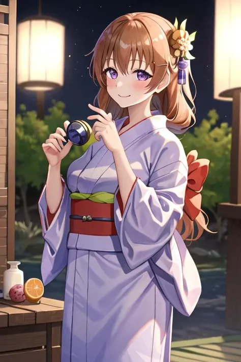best quality, masterpiece, highres, solo, {yukata:1.40}, {kimono:1.20}, {konoe_kanata_loveliveschoolidolfestivalallstars:1.15}, long_hair, purple_eyes, bangs, orange_hair, smile, blush, breasts, hair_ornament, wavy_hair, brown_hair