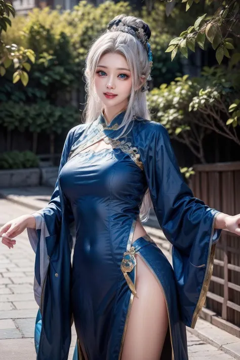 <lora:girl_20:0.8>,face lighting,bright backlight,medium breasts,super high resolution,best quality,Photos,4k,(Realistic:1.2),1girl,solo,(white hair:1.1),(long hair:1.1),blue_eyes,(hair_ornament:1.1),chinese clothes,smile,green pleated skirt,