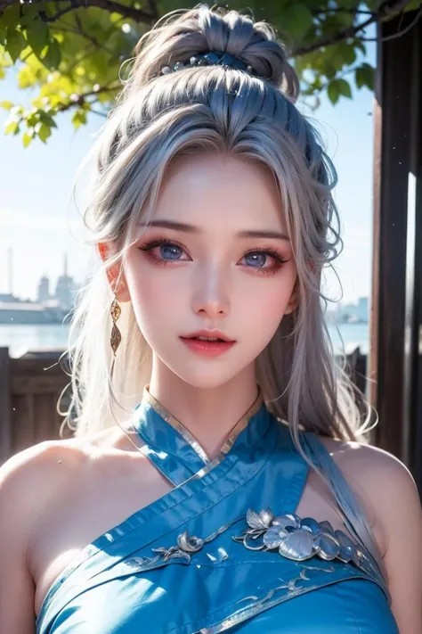 A detailed, realistic, high resolution portrait of a woman with soft, gentle lighting, featuring her upper body, blue eyes, long white hair, and a sensual, elegant kimono.