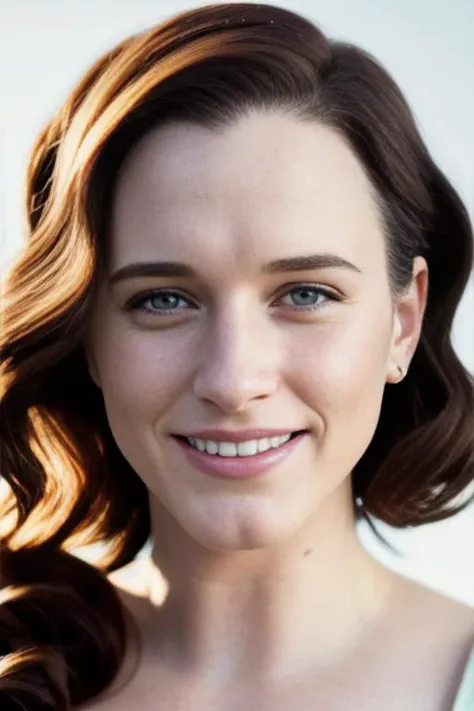 photo of RachelBrosnahan2, looking at the camera, simple background, 1950's hair, detailed face, smile, intricate, soft lighting, masterpiece, beautiful,