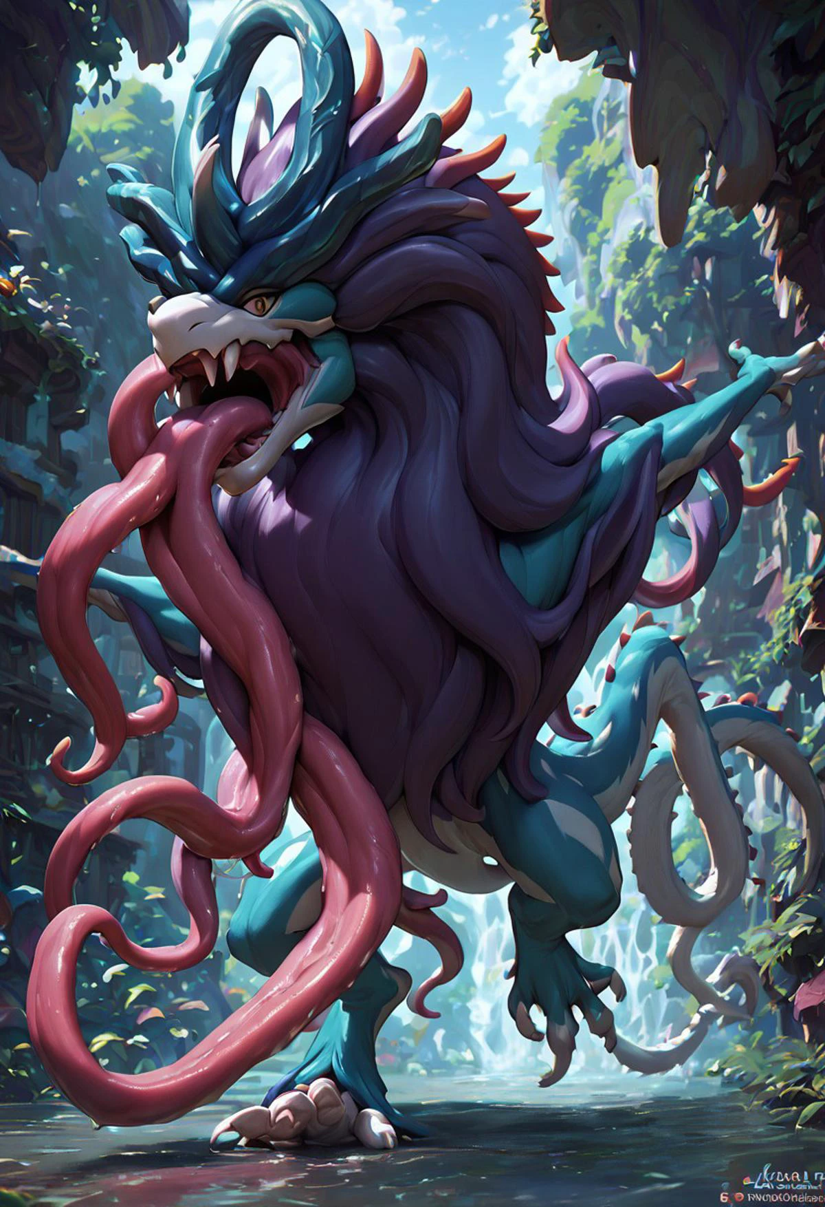 score_9, score_8_up, score_7_up, walkingwake, hyper tongue longer than whole height, extremely long tongue stretching longer and longer, multi tongues, feral, looking at viewer, berobero, tongacle, tentacle