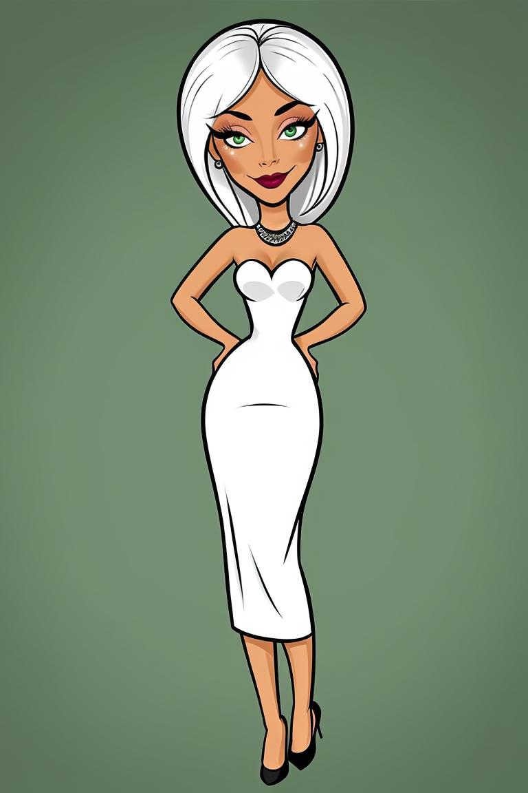 A cartoon woman in a white dress with a black hair - SeaArt AI