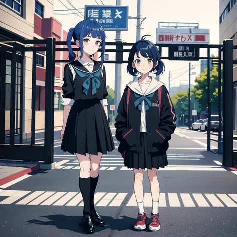 (masterpiece), 2girl, chika waiting at school gate, scary girl thing by her side, blue hair <lora:zs_Chika:0.7>