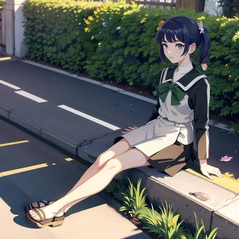(masterpiece), 1girl, waiting at the school gate, holding flowers, hard shadows <lora:zs_Chika:1>