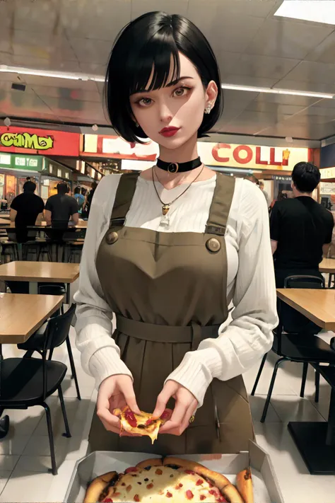 woman with  1990s style short pixie haircut,, wearing 90s fashion: khaki plaid cotton sheath button-front pinafore sundress layered over a black long sleeve t-shirt, combat boots, choker necklace, dark lipstick, 90s mall food court, fast food, dining tables, chairs, bright lights, the smell of pizza and french fries, soda fountain, plastic trays, || masterpiece, 8k, high resolution, shallow depth of field, sharp focus, highly detailed