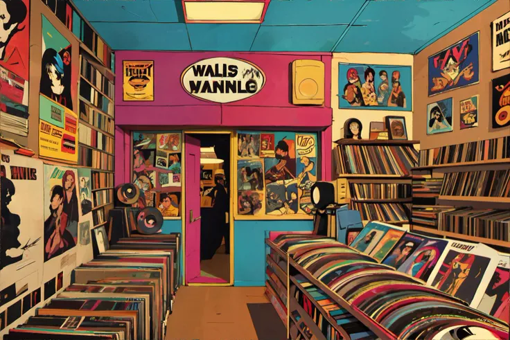 90s record store, shelves of vinyl records and CDs, walls covered with band posters, listening station with headphones, the smell of old paper and plastic,