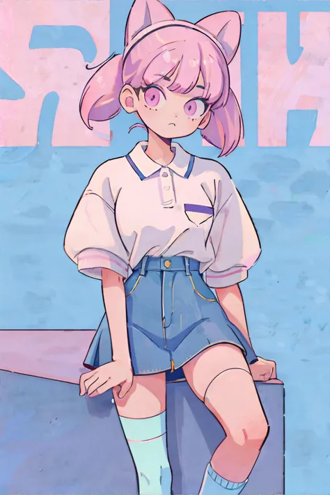 <lora:90style:0.8>, 1girl, wearing wearing 90s fashion: pastel tight-fitting polo shirt, denim mini skirt, cotton knee-high socks, loafers || <lora:90style:0.5>, masterpiece, perfect quality, sharp focus, shallow depth of field, 8k