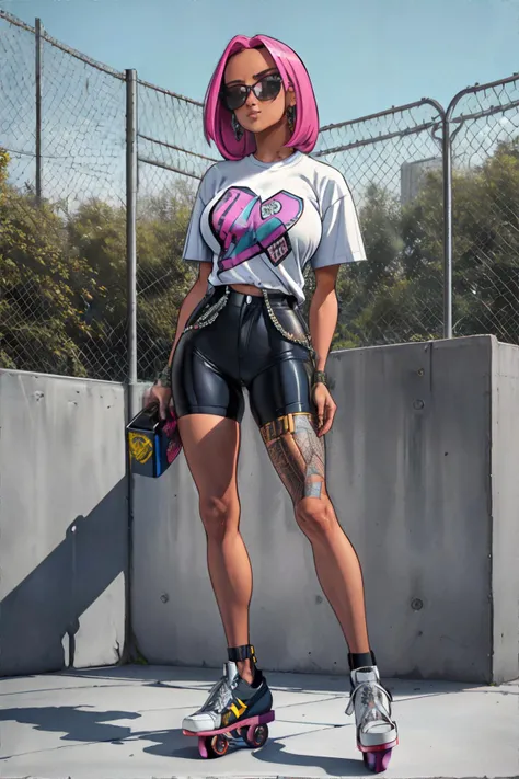 woman wearing graphic tee shirt, bike shorts, platform sneakers, sunglasses, 90s skate park, outdoors, chain link fence, metal railings, cement ramps, skateboards, sunny, 1990s style brazilian blowout hair, navy blue, white, pink || masterpiece, 8k, high resolution, shallow depth of field, sharp focus, highly detailed