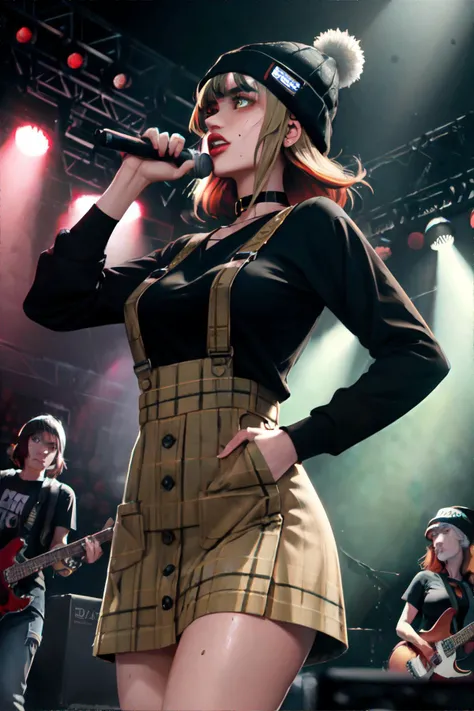 woman with  1990s style shaggy haircut with sideswept bangs wearing a beanie,, wearing 90s fashion: khaki plaid cotton sheath button-front pinafore sundress layered over a black long sleeve t-shirt, combat boots, choker necklace, dark lipstick, 90s crowded music venue, smokey, flashing lights, mosh pit, rock band on stage, the smell of sweat and smoke and stale beer, || masterpiece, 8k, high resolution, shallow depth of field, sharp focus, highly detailed