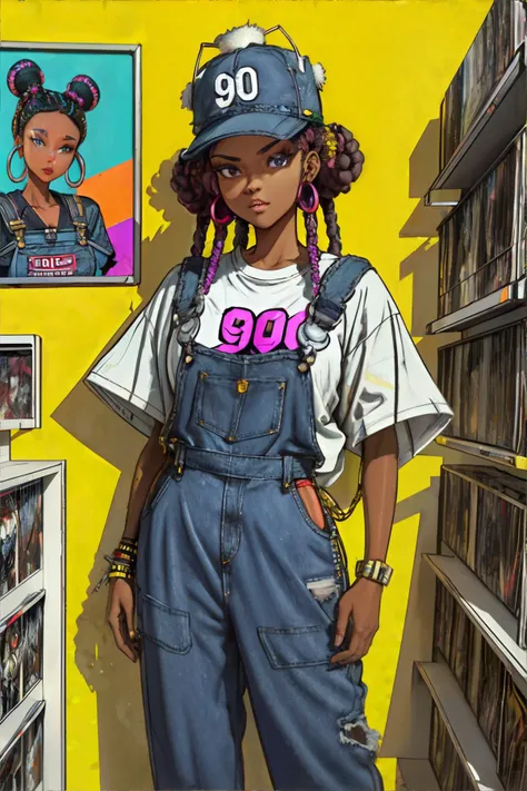 woman with  1990s style bantu hair knots,, wearing 90s fashion: baggy denim overalls, colorblock t-shirt, sneakers, wide brim buckethead hat, 90s video rental retail store, shelves of VHS tapes and DVDs, small tv in the corner, movie posters on the wall, || masterpiece, 8k, high resolution, shallow depth of field, sharp focus, highly detailed