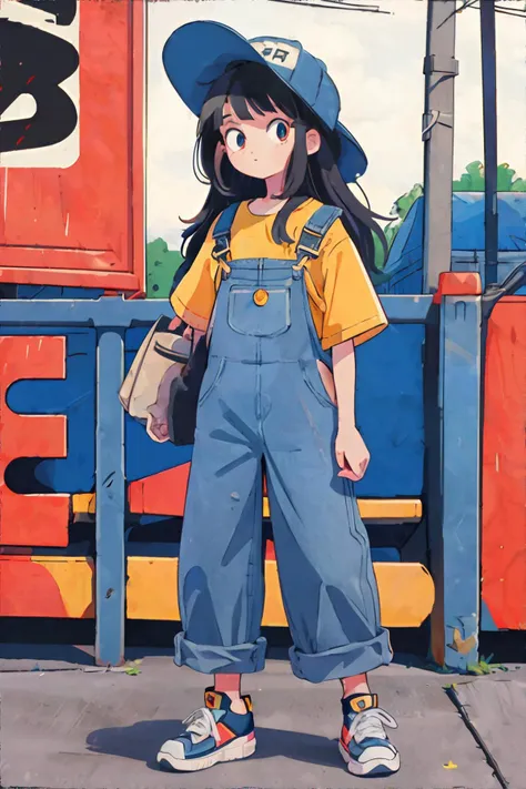 <lora:90style:0.8>, 1girl, wearing wearing 90s fashion: baggy denim overalls, colorblock t-shirt, sneakers, wide brim buckethead hat || <lora:90style:0.5>, masterpiece, perfect quality, sharp focus, shallow depth of field, 8k