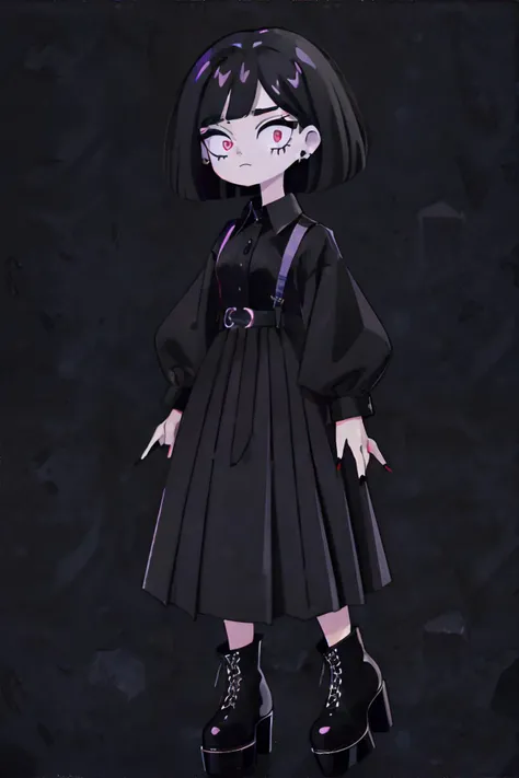 <lora:90style:0.8>, 1girl, wearing wearing 90s goth fashion: sheer black collared shirt, long soft cotton black maxi skirt, platform boots, black makeup, black nail polish || <lora:90style:0.5>, masterpiece, perfect quality, sharp focus, shallow depth of field, 8k