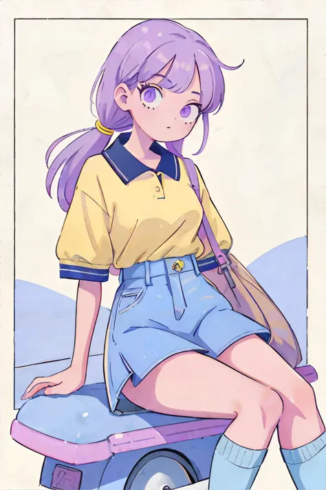 <lora:90style:0.8>, 1girl, wearing wearing 90s fashion: pastel tight-fitting polo shirt, denim mini skirt, cotton knee-high socks, loafers || <lora:90style:0.5>, masterpiece, perfect quality, sharp focus, shallow depth of field, 8k